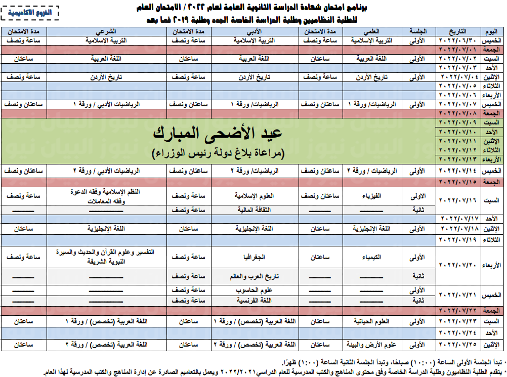 جدول امتحانات التوجيهي 2022 في الاردن 