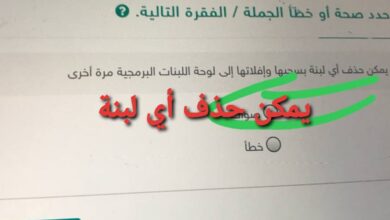 يمكن حذف أي لبنة بسحبها وإفلاتها إلى لوحة اللبنات البرمجية مرة أخرى صواب خطأ